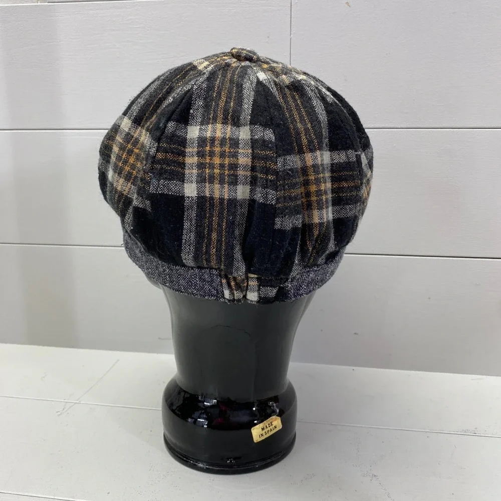 Y2K Trixie Plaid Newsboy Hat Womens Flower Accent Black Tan Wool Blend Mall Brat